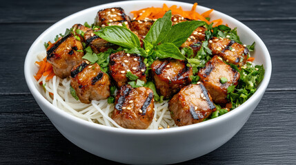 Grilled pork with noodles and fresh herbs in white bowl, showcasing vibrant and appetizing Vietnamese dish. dish includes carrots and is garnished with sesame seeds