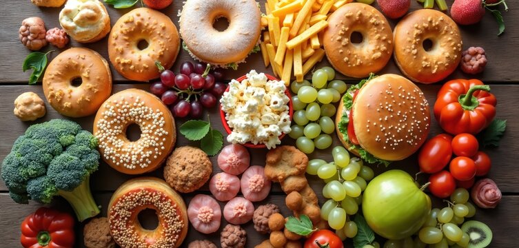 Healthy fruits and vegetables contrasted with donuts, burgers, fries, and popcorn. Assortment represents a food choice between good eating and junk food options.