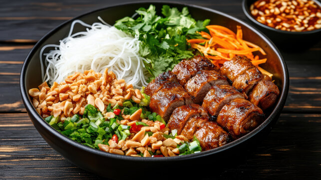 Bowl of Vietnamese bun thit nuong with grilled pork, vermicelli, fresh herbs, peanuts, and vegetables, served with side of dipping sauce. dish is vibrant and appetizing
