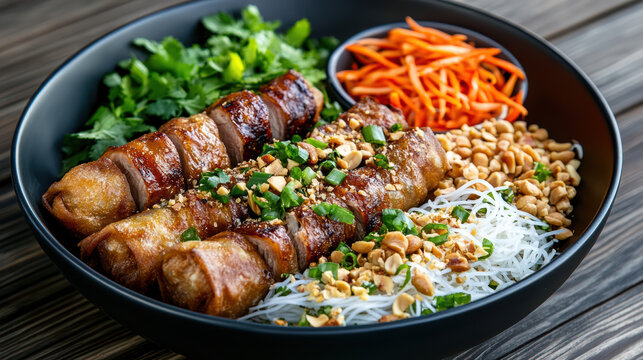 Delicious bowl of bun thit nuong featuring grilled pork, vermicelli, fresh herbs, and peanuts, garnished with green onions and served with pickled carrots