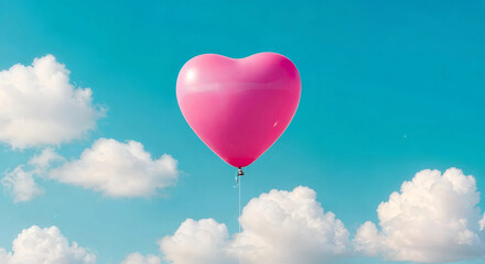 A single pink heartshaped balloon floats in a bright blue sky with fluffy white clouds
