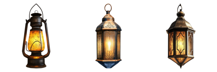 Three vintage lanterns, each casting a warm, inviting glow, creating a captivating visual display