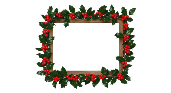 Christmas Holly Frame with Red Berries on Wood Isolated on Transparent PNG Background.
