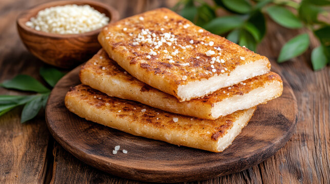 Crispy cassava bread on wooden plate, topped with tapioca pearls, evokes rustic and simple charm. setting includes small bowl of tapioca and green leaves