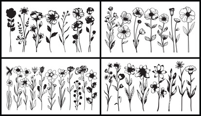 Floral Illustration Art, Botanical Flower Drawing, Hand Drawn Flower Vector, Minimal Botanical Artwork, Creative Floral Design, Elegant Botanical Vector, Nature Inspired Illustration, Black and White 