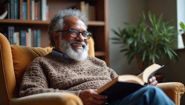 Senior African American man enjoys reading book in armchair at home. Smiles contentedly immersed in literature. Scene peaceful retirement, intellectual stimulation within cozy living space.