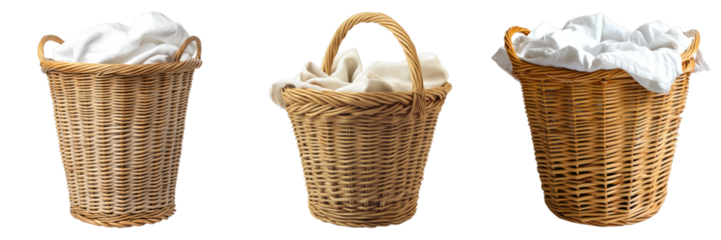 Laundry baskets, each filled with fresh, clean linens, stand in a row, a symbol of domestic simplicity and order. Their woven textures create a rustic, welcoming atmosphere