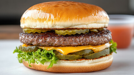 Juicy cheeseburger with melty cheese, pickles, and lettuce on toasted bun, creating mouthwatering and satisfying meal