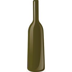 A tall olive green glass bottle with a long neck and narrow opening on a pure white background