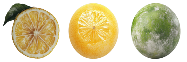 A trio of lemons: a cut lemon, a whole lemon, and an unripe lemon. These lemons are a vibrant display of citrus freshness and acidity