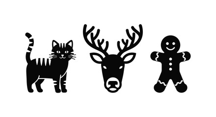 Black cat deer and gingerbread man christmas vector illustration