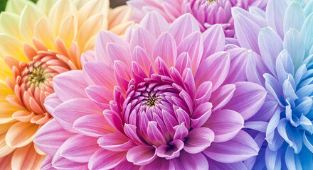 Closeup of vibrant dahlia flowers in a spectrum of pastel colors, from yellow to pink to purple to blue
