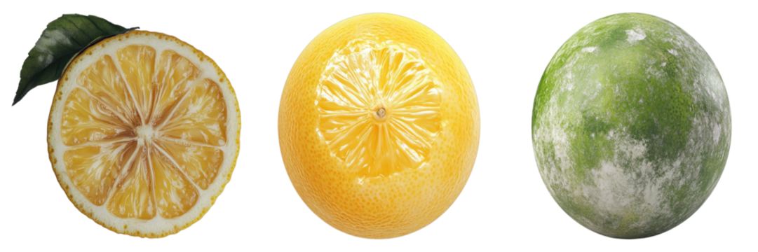 A trio of lemons: a cut lemon, a whole lemon, and an unripe lemon. These lemons are a vibrant display of citrus freshness and acidity