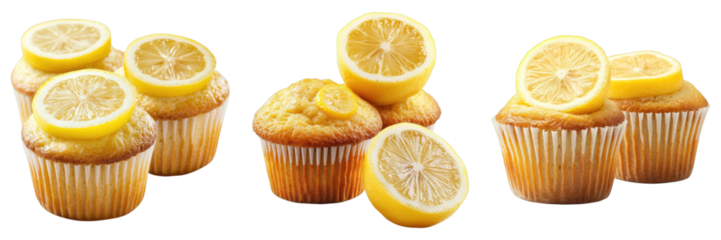 Delicious lemon cupcakes, topped with fresh slices of citrus. The scene evokes a sense of freshness and homemade goodness. 