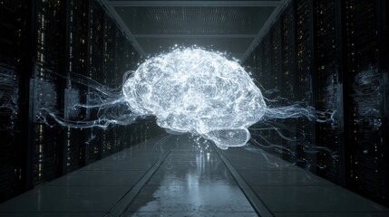 A digital brain composed of light, symbolizing advanced AI technology in a high-tech data center environment.