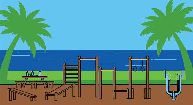 Outdoor fitness park cartoon illustration with palm trees view