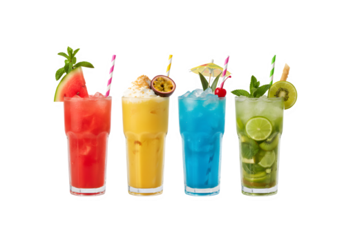 Refreshing summer drinks served over ice against a white background

