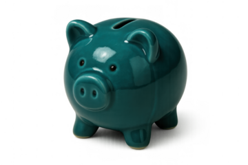 Teal ceramic piggy bank representing savings, investment, and financial planning on transparent background