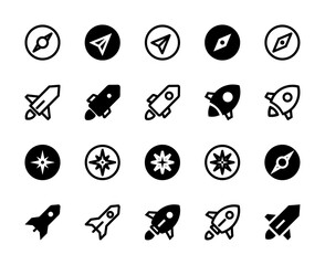 20 Compass and Rocket Icons Line and Solid style for Navigation and Speed