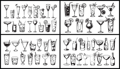 wine glass illustration, cocktail glass vector, champagne glass art, drinkware doodle design, bar items drawing, alcohol collection black and white, party glass illustration, wine poster clipart, drin