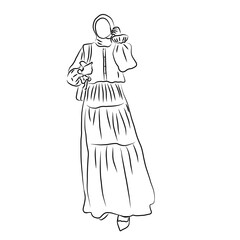 Elegant Muslim Woman in Tiered Dress Line Art
​
