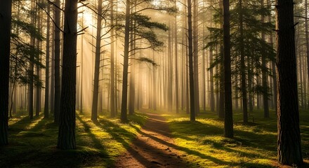 Obraz premium Sunlight streams through a tranquil forest with a path inviting exploration and peaceful reflection