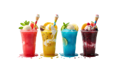 A colorful display of frozen fruit granita drinks cascading into plastic cups, each equipped with ice cream straws for that perfect taste.
