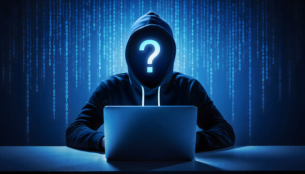 Anonymous Hacker with Question Mark Face Using Laptop in Dark Room