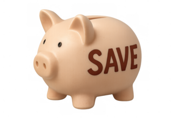 Piggy bank with 'save' word, illustrating concepts of finance, economy, banking and cash management for future goals. Transparent background