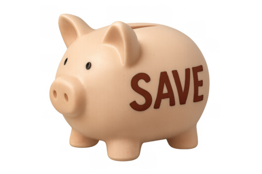 Piggy bank with 'save' word, illustrating concepts of finance, economy, banking and cash management for future goals. Transparent background