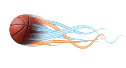 A vector illustration of a basketball ball with a curve and flow of lines forming a wave pattern on a blue background