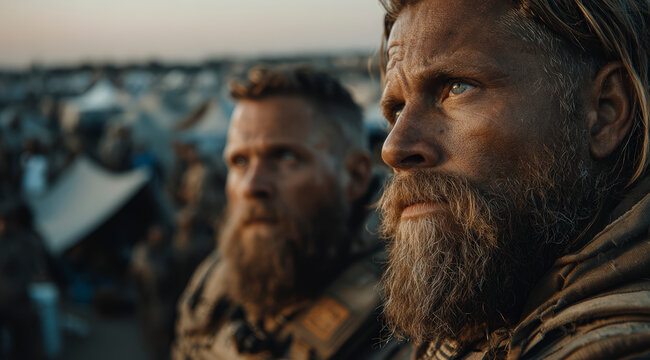 Two rugged men with beards watch intently; a serious moment against a blurred backdrop of a busy encampment at dusk.