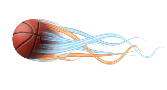 A vector illustration of a basketball ball with a curve and flow of lines forming a wave pattern on a blue background