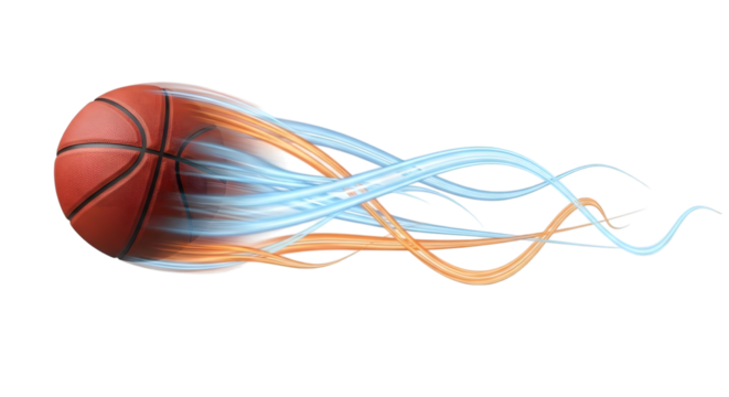 A vector illustration of a basketball ball with a curve and flow of lines forming a wave pattern on a blue background