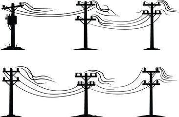Utility poles with curved power lines silhouettes, electric distribution infrastructure in motion design collection, flat vector