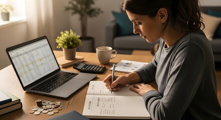 Woman working on finances at home, planning budget and managing expenses with laptop and notebook