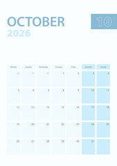 Vertical calendar page of October 2026, Week starts from Monday.