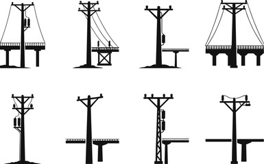 Utility poles and electrical transmission structures collection, power distribution infrastructure silhouettes, energy grid designs, flat vector