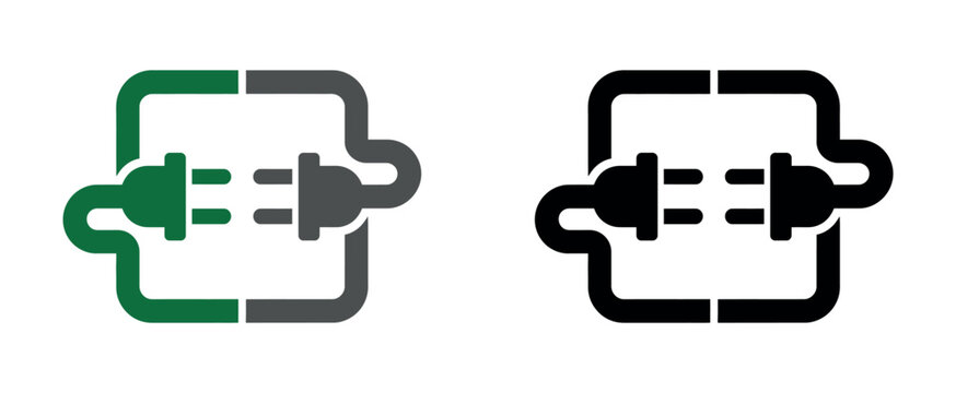 Two icons depict electrical plugs and sockets, symbolizing connection and power transfer in a simplified graphic style.