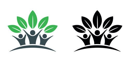 Three stylized figures with raised arms beneath green leaves represent community growth and nature.