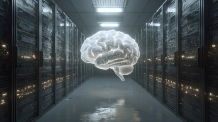 A futuristic concept showcasing a digital brain above server racks, symbolizing AI and data processing innovation.