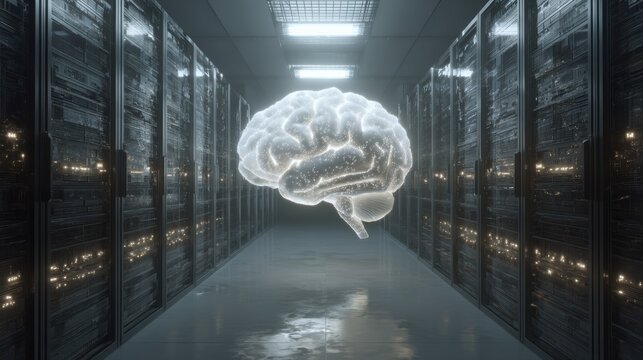 A futuristic concept showcasing a digital brain above server racks, symbolizing AI and data processing innovation.