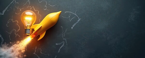 Yellow toy rocket with glowing light bulb attached ascends into sky, leaving fiery trail against dark chalkboard with chalk scribbles. Concept for new ideas and innovation.