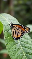 Obraz premium Monarch Butterfly Resting on a Dew-Kissed Green Leaf in Nature.