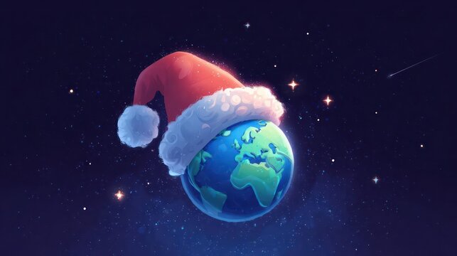 Whimsical illustration of planet earth wearing a santa hat floating in a starry night sky