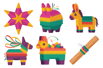 Detailed flat vector icons for festive party, showing pi�ata, stick, star, ribbon, and various decorative celebration elements,
