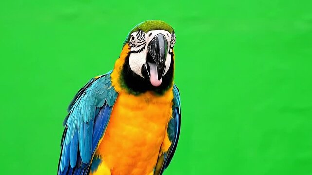 A Vibrant Blue and Yellow Macaw Parrot Perched Against a Bright Green Background