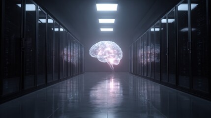 A futuristic representation of a brain in a data center, symbolizing artificial intelligence and innovation.