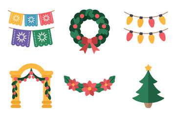 Flat vector icons for holiday decoration, featuring wreaths, garlands, arch, paper flags, and small decorative Christmas tree,