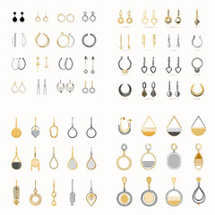 Elegant earrings collection featuring gold and silver designs in modern minimalist shapes. Perfect for fashion branding, jewelry catalogs, boutique displays, and accessory illustrations.